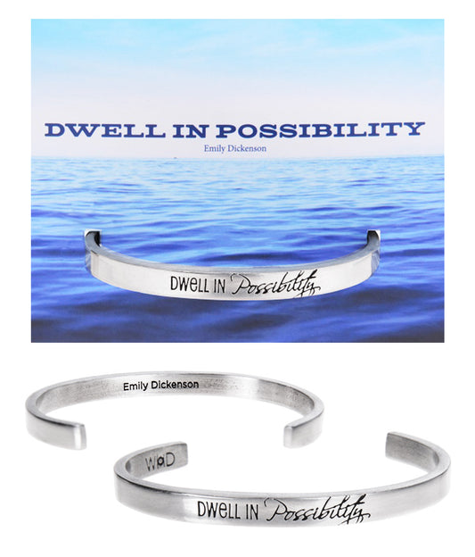 Dwell in Possibility Emily Dickinson Quotable Cuff Bracelet with backer card