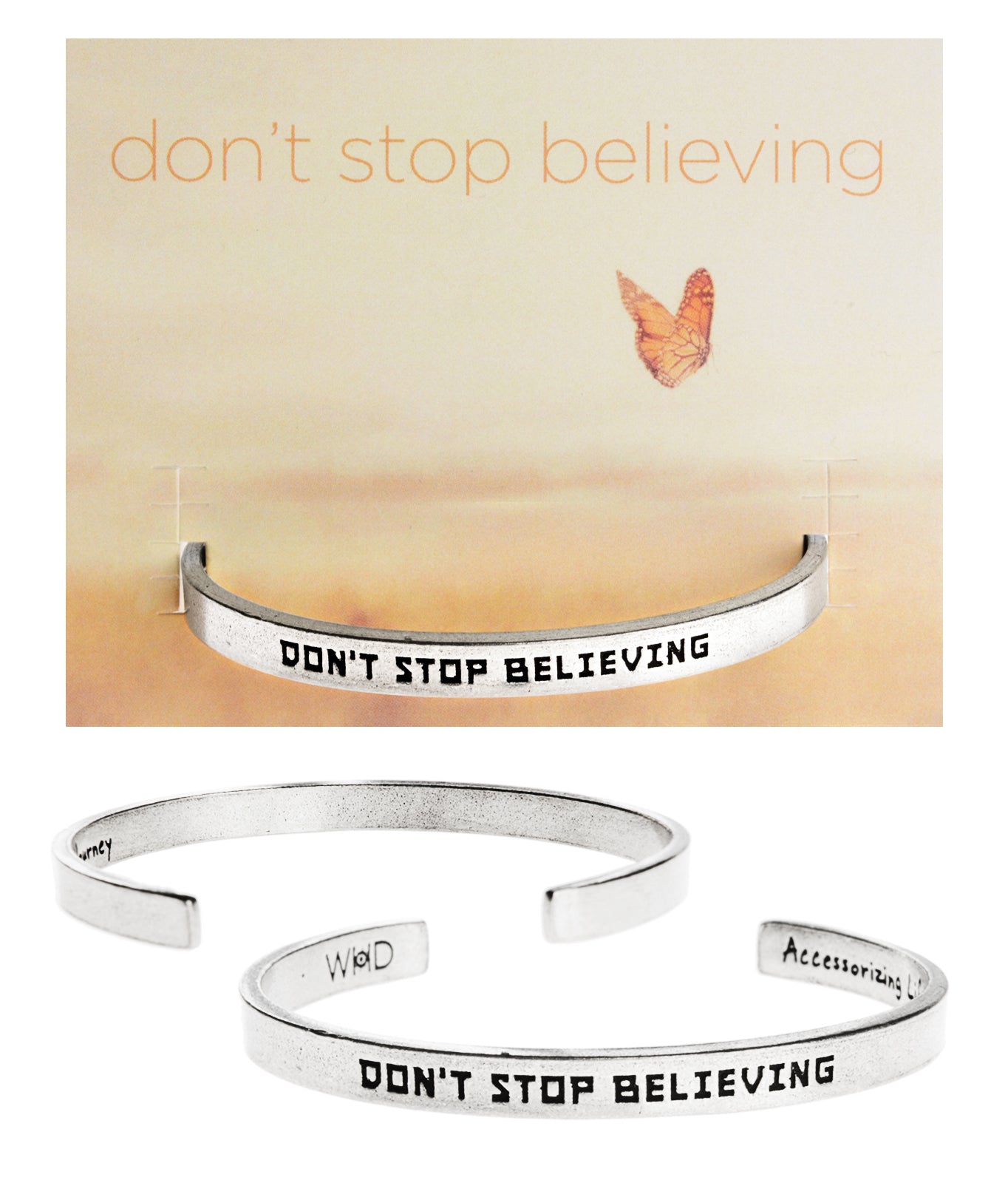 Don't Stop Believing Quotable Cuff Bracelet with backer card