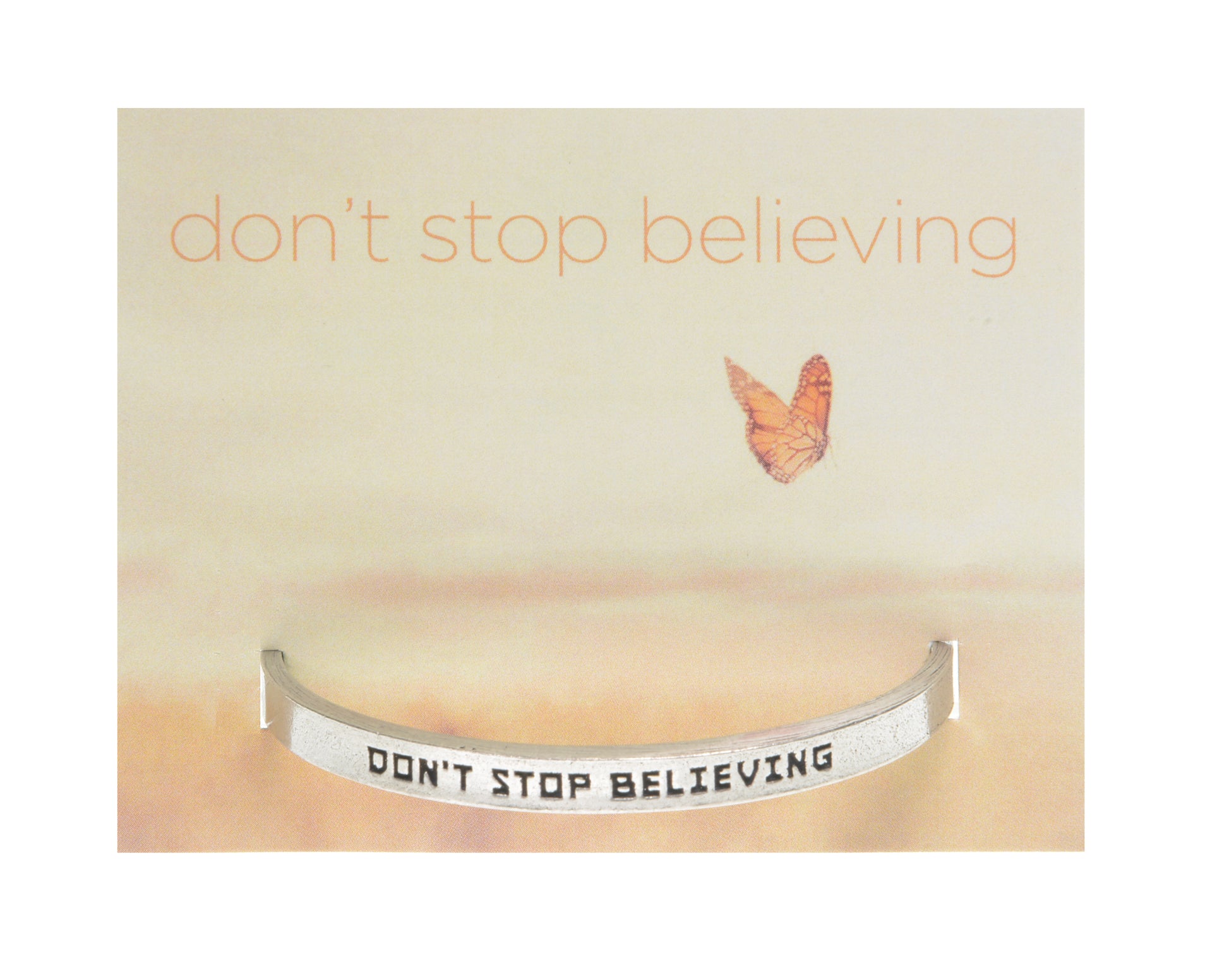 Don't Stop Believing Quotable Cuff Bracelet on backer card