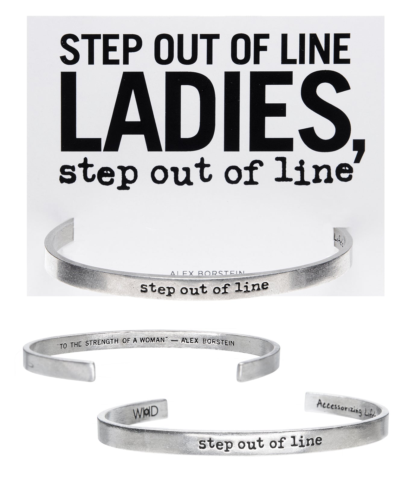 Step out of Line - Alex Borstein Quotable Cuff Bracelet with backer card