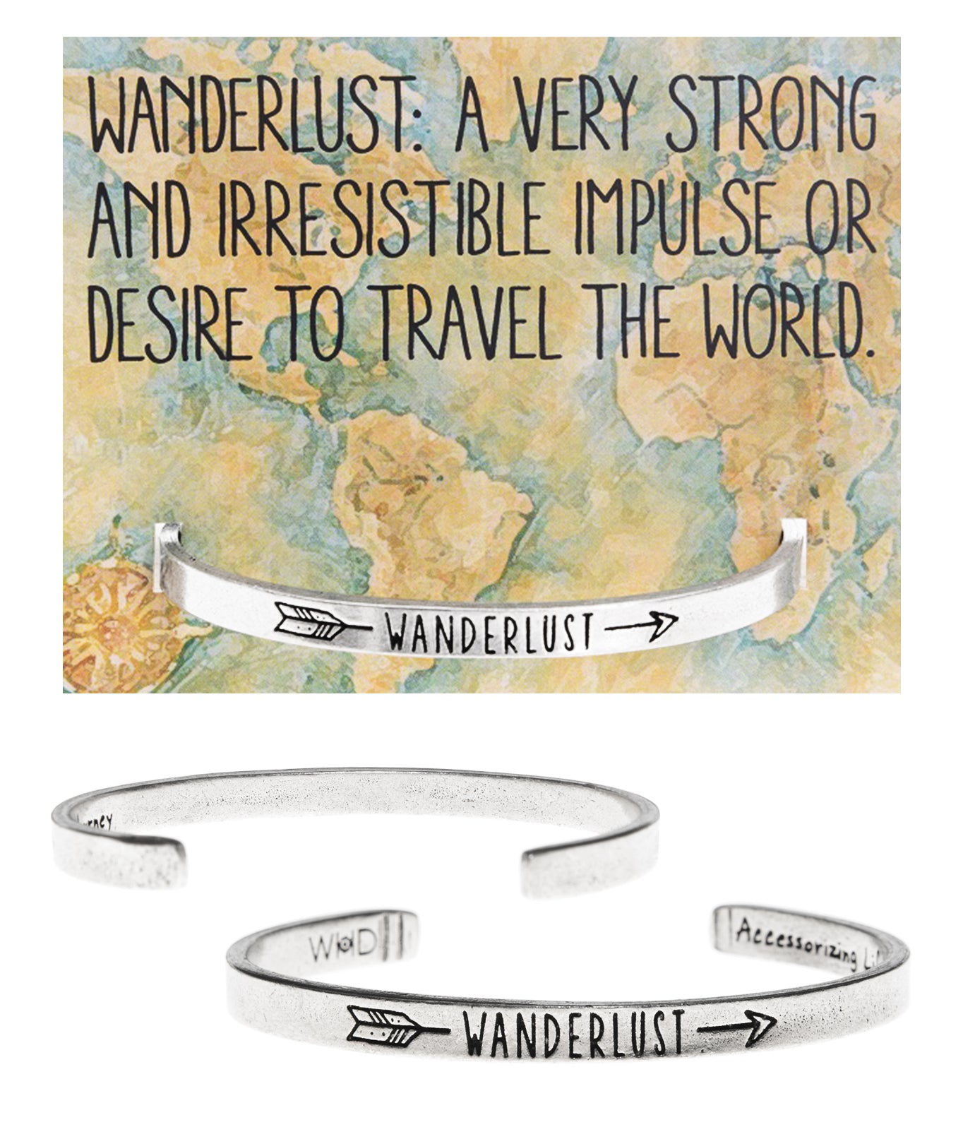 Wanderlust Quotable Cuff Bracelet with backer card