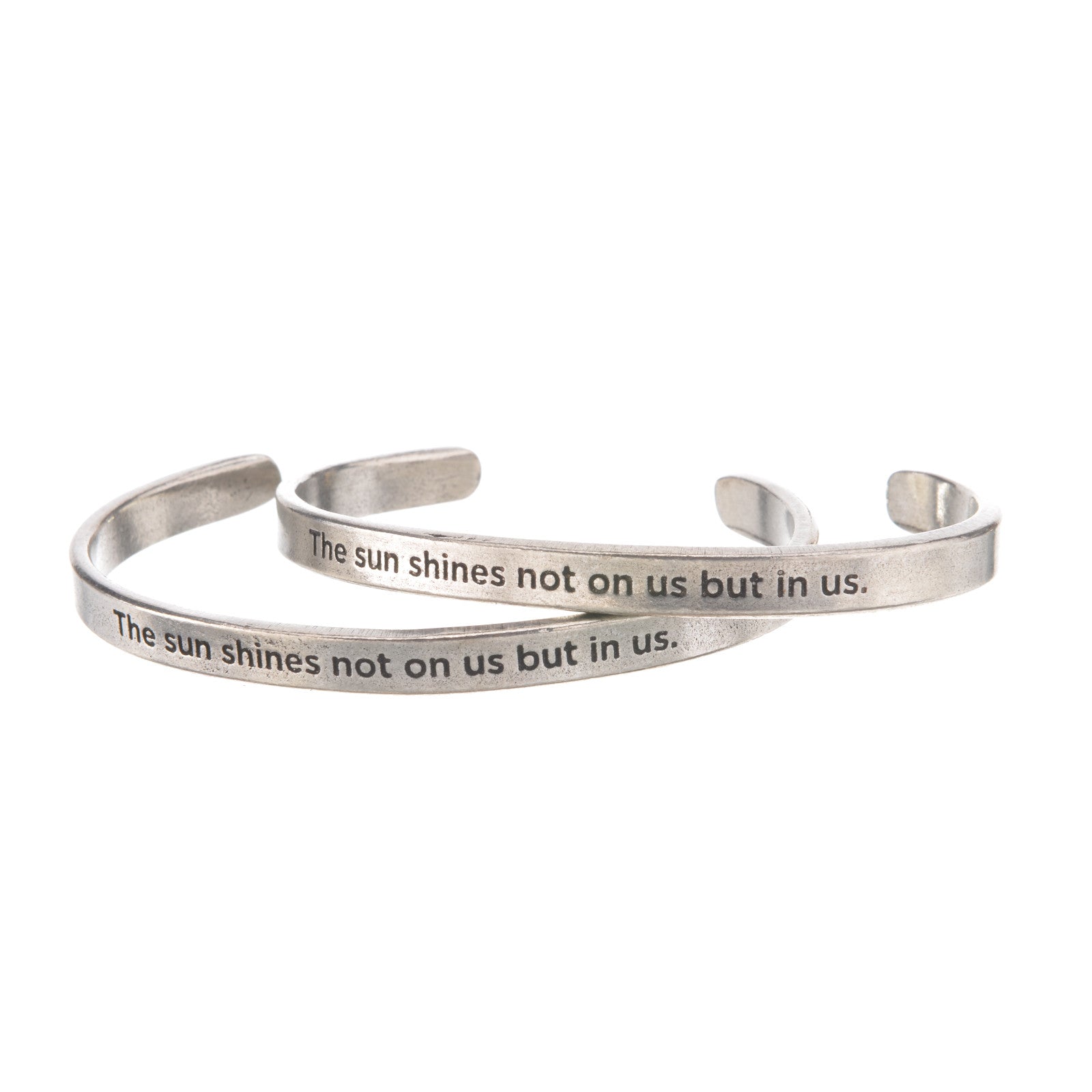 The Sun Shines Not On Us But In Us John Muir Quotable Cuff Bracelets on each other